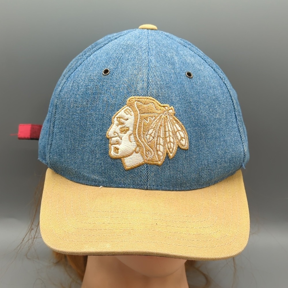 Chicago Blackhawks Hat Strapback Cap Denim Gold Buffalo Plaid NHL Hockey